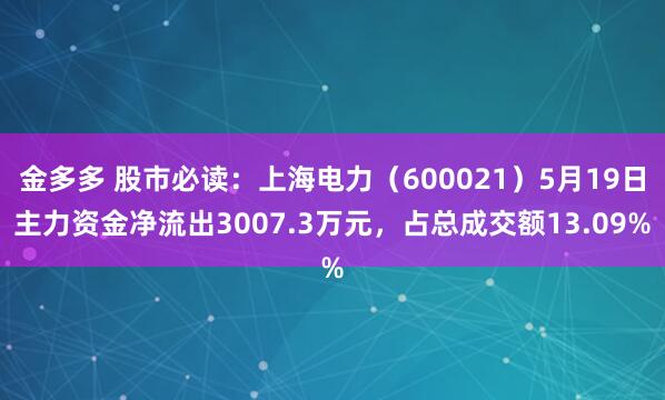 金多多 股市必读：上海电力（600021）5月19日主力资金净流出3007.3万元，占总成交额13.09%